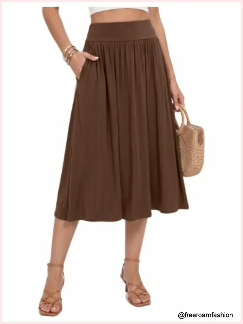 Wide Waistband Midi Skirt with Pockets Pull On A-Line